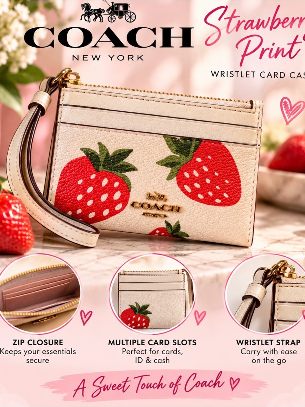 COACH- Strawberry Print Wristlet Card Case - Cream/Red